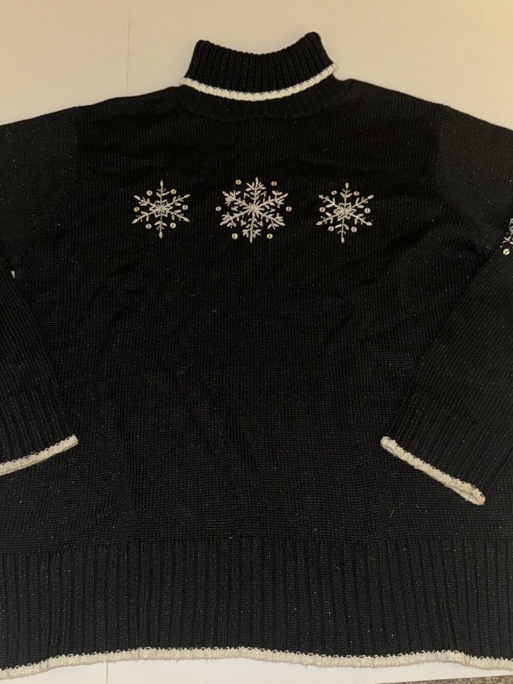 Quacker Factory Black Snowflakes Glitter Sequin Turtleneck Tunic Sweater L XL 1X